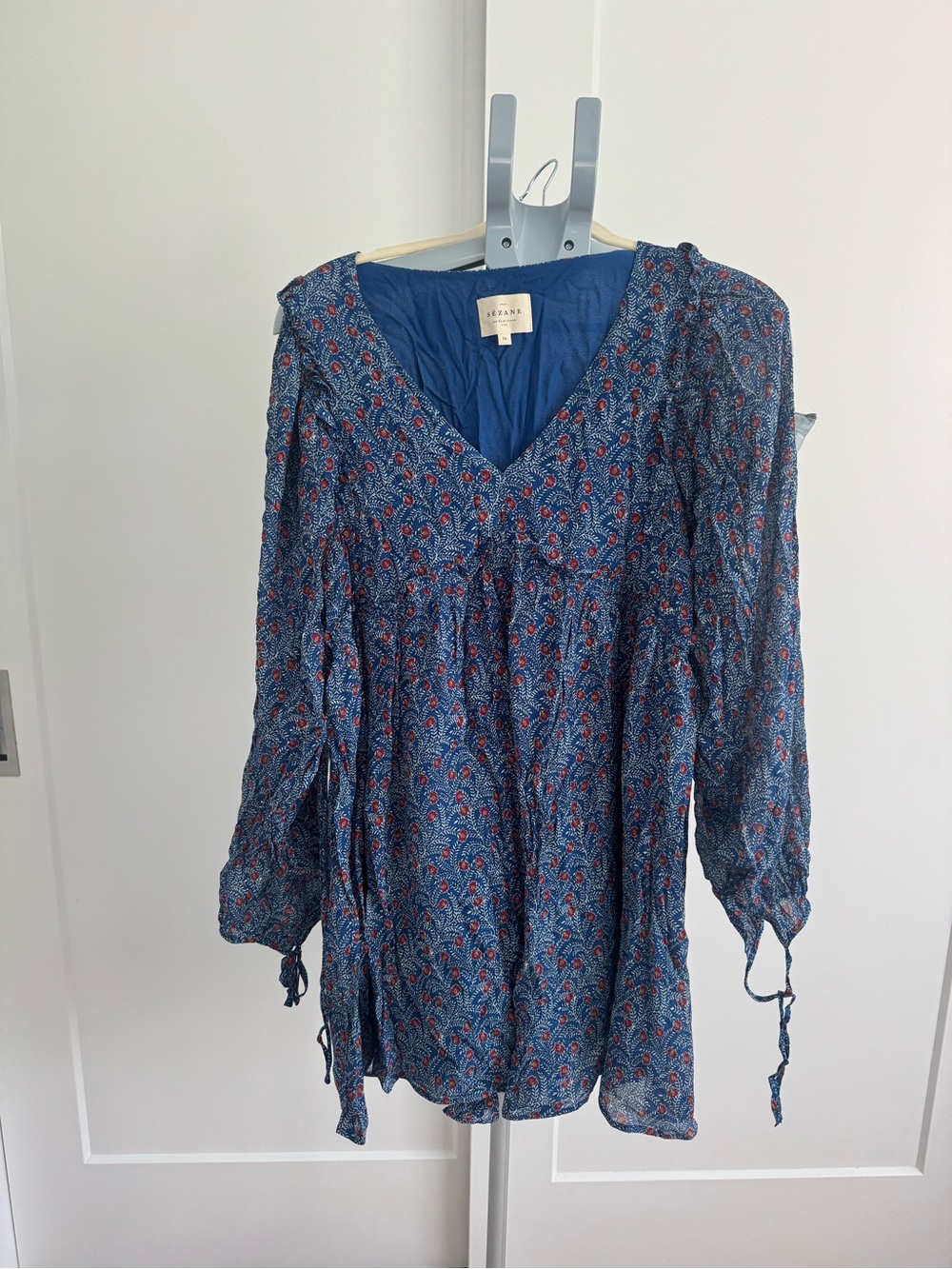 Sezane Blue Floral Mini Dress with Red Accents